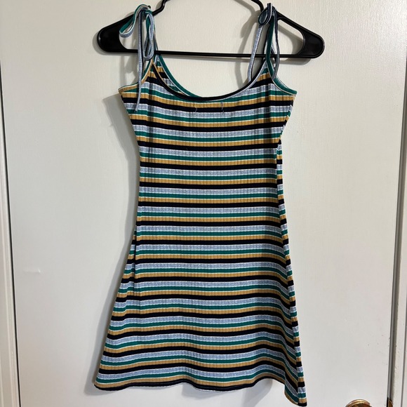 Urban Outfitters Striped Tie Shoulder Ribbed Mini Dress Retro Y2K Multi-Color XS - Picture 11 of 11